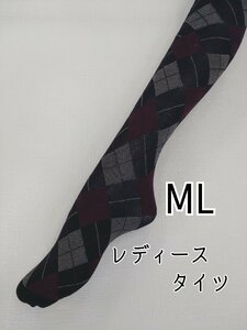 レディース タイツ アーガイル柄 あったか　ML ブラック