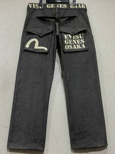 ※EVISU GENES OSAKA 戎 エヴィス エビス 本革シンチバック セルビッチ デニムパンツ グレー 大きいサイズ 36 BJBC.AB