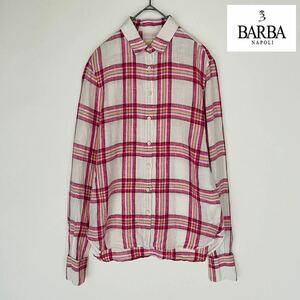 BARBA バルバ 美品 希少 イタリア製 リネンシャツ 長袖シャツ ボタンダウン チェック 日焼け対策 冷房対策 ゆったりめ リネン100% size 40