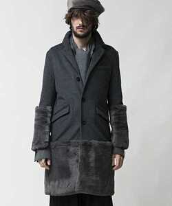 NO ID BLACK 17AW フェイクファー切り替え　チェスターコート　サイズ２　定価47300　NOID ノーアイディ　グレー