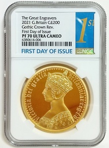 2021年 イギリス 英国 ゴシッククラウン 200ポンド 2オンス プルーフ 金貨 ビクトリア PORTRAIT NGC PF70 ULTRA CAMEO First Day of Issue