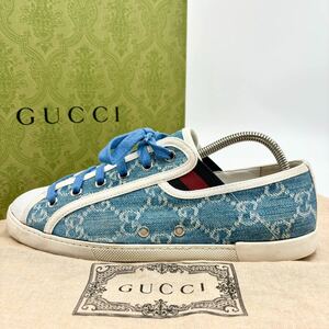 1円 【美品】 GUCCI グッチ 【女王の風格】 デニム GG柄 シェリーライン スリッポン スニーカー シューズ 靴 インディゴブルー 37 22cm相当