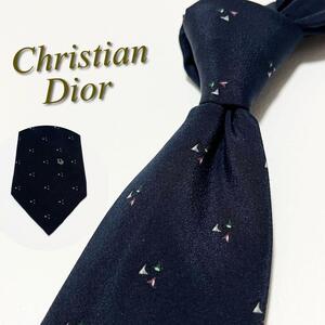 【美品】Christian Dior クリスチャンディオール ネクタイ 剣先Diorロゴ小紋柄 ハイブランド 高級 ロゴ メンズ スーツ 肉厚 トロッター