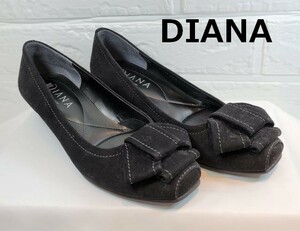 DIANA ダイアナ　スェードレザー　リボン　フラットシューズ　黒　22.5cm 美品