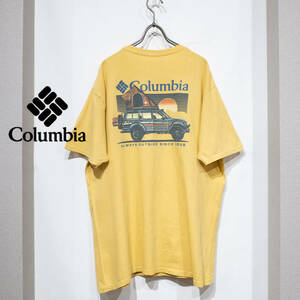 L / Columbia コロンビア コットン 半袖 Tシャツ 背面 グラフィック プリント マスタード バター イエロー 黄色 キャンプ アウトドア 古着