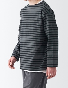 ■ MUJI/無印良品 MEN 長袖 ボートネック ボーダー Tシャツ sizeL グレー系