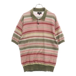 STUSSY ステューシー 21SS Knit Stripe Polo 半袖 ニット ストライプ ポロシャツ ピンク/グリーン