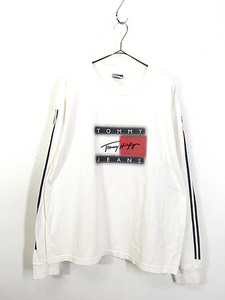 古着 90s TOMMY JEANS にじみ フラッグ ロゴ アーム ライン 長袖 Tシャツ ロンT L 古着