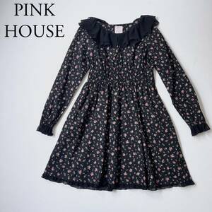 PINK HOUSE ピンクハウス フレアワンピース 花柄　膝丈スカート　小紋柄 長袖　フリル　レディース