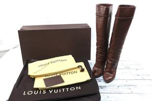 ★【B送1200円】1126　LOUIS VUITTON　ルイヴィトン　レザーロングブーツ　ブラウン　ゴールド金具　ヒール　MA0055　イタリア製　35　1/2