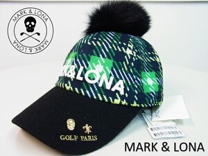 韓国限定モデル★MARK&LONA マーク&ロナ★KNIT LIKE FUR BALL CAP チェック柄ボンボン付きキャップ【MLF-2D-FC91】グリーン緑【本物保証】