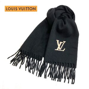 1I3010-W-N◆LOUIS VUITTON ルイヴィトン カシミヤマフラー ロゴ フリンジ シンプル 無地 ワンポイント ラグジュアリー◆黒 カシミヤ