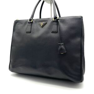 1円 プラダ PRADA ハンドバッグ トートバッグ 黒 ブラック サフィアーノレザー ビジネス A4 三角ロゴプレート 大容量 ゴールド金具