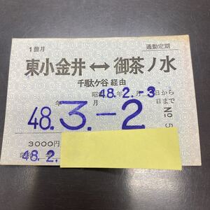 定期券 国鉄 通勤 東小金井 - 御茶ノ水 千駄ヶ谷 通勤定期 昭和48年 No.5551 帝都高速度交通営団