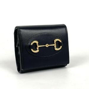 極美品■GUCCI グッチ ホースビット コンパクトウォレット 二つ折り財布 ゴールド金具 ブラック 1955 カーフスキン 621891 ユニセックス 黒