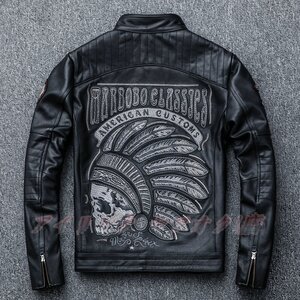 ☆新品SALE 上品 本革ジャケット メンズ バイクジャケット立ち襟 刺繍 本革 牛革 革ジャン XXL