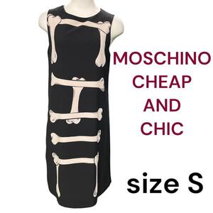 美品　モスキーノ　チープアンドシック　ユニークでおしゃれな骨柄　ワンピース　S　M4I186　MOSCHINO CHEAP AND CHIC　I38　7号　黒