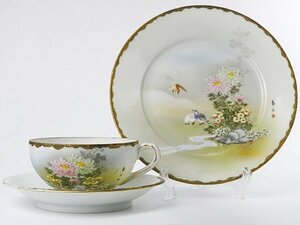 オールドニッポン 高坂 春山画 金彩花鳥絵図 エッグシェルカップ トリオ