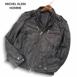 MICHEL KLEIN HOMME ミッシェルクラン オム 秋冬 羊革★ シワ加工 ラム レザー ライダース ジャケット Sz.46　メンズ 黒　I4T02996_9#N