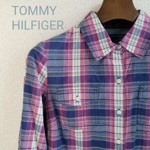 TOMMY HILFIGER トミーヒルフィガー シャツ トップス チェック柄 ボタン 長袖 ワンポイント カジュアル ピンク×ブルー サイズS xm24