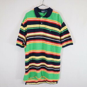 90s Polo Ralph Lauren ラルフローレン 半袖 ボーダーポロシャツ ハーフボタン 刺繍ロゴ グリーン ( メンズ XL ) N3299 1円スタート