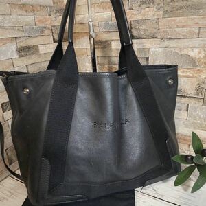 1円【至高の逸品！】BALENCIAGA バレンシアガ ネイビーカバス ハンドバッグ トートバッグ オールレザー ポーチ付き ブラック系 黒 1スタ