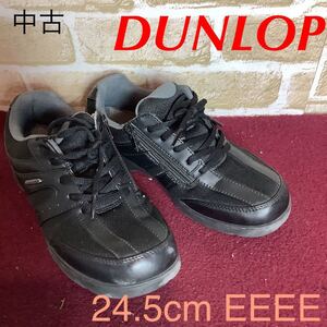 【売り切り!送料無料!】A-177 DUNLOP!スニーカー!サイドファスナー!黒!ブラック!24.5cm EEEE!ゆったり幅広!サイドファスナー!中古!