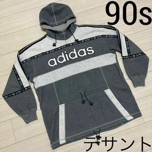 90s Vintage■adidas デサント■デカロゴ スウェット パーカー M-L フリーサイズ グレー スリーライン フード プルオーバー アディダス