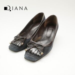 DIANA ダイアナ 23.0 パンプス ヒール ラウンドトゥ リボン スエード エナメル 黒 ブラック/RC112