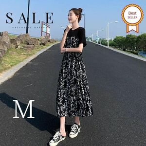 ＊新品＊花柄ワンピース 韓国 切替ワンピース Aライン ロング ブラック 半袖 トレンド オシャレ 上品 可愛い プレゼント