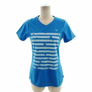 ミズノ MIZUNO Tシャツ アイスタッチ ICE TOUCH クロスVネック 半袖 ロゴプリント プリント 星 ブルー 青 水色 M レディース