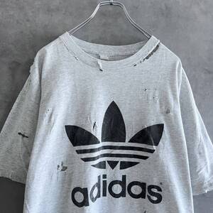 90s USA製 old adidas アディダス ダメージ加工 両面プリントTシャツ 杢グレー XL相当 ヴィンテージ ボロ BORO