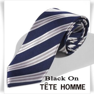 新品1円～★Black On TETE HOMME テットオム シルク絹100％ ネクタイ 織柄 ストライプ ネイビー 正規店本物◆3604◆