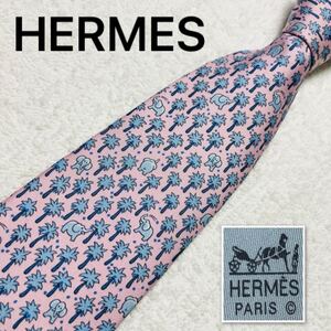 HERMES エルメス　ネクタイ　森林の象　ゾウ　シルク100% フランス製　ピンク×ライトブルー　ビジネス