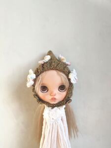 ブライス blythe アウトフィット お花付きピクシーcap ミックス　ニット帽　帽子　カスタムブライス　ドール　人形　アイシードール