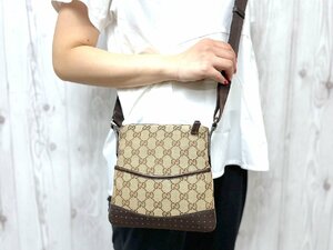 極美品 GUCCI グッチ GGキャンバス ショルダーバッグ バッグ キャンバス×レザー 茶系 75149Y