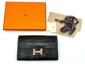 正規品 付属品有 エルメス HERMES コンスタンス アリゲーター 財布 ウォレット A刻印 ブラック マット ゴールド金具