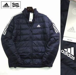 新品 XO:2XL ゴルフにお勧め adidas GOLF 防寒 アディダス ゴルフ 秋冬３ストライプ 軽量 ダウンジャケット 撥水 ネイビー