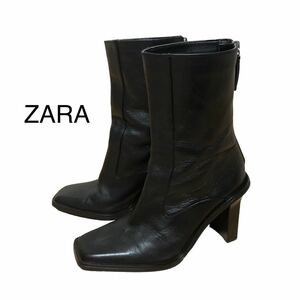 ZARA ザラ　ヒールブーツ　バックジップ サイドジップ　スクエアトゥ　レザー