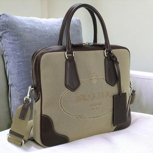 中古 プラダ ブリーフケース メンズ ブランド PRADA ロゴジャガード 2WAYブリーフケース ベージュ バッグ