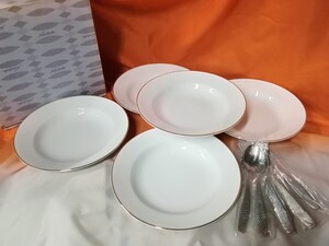 g_t D381 ノリタケ NORITAKE スープ皿 カレー皿 直径22.5cm/高さ4cm スプーン付き 5客セット 金彩 N印 月桂樹 陶器 【未使用長期保管品】 