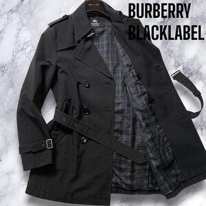 美品◎バーバリーブラックレーベル トレンチコート ノバチェック ダブル ポリエステル 黒 ミドル丈 ベルト BURBERRY BLACKLABEL メンズ M