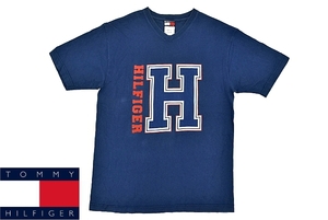 S2778★送料無料★TOMMY HILFIGER トミーヒルフィガー★アメリカ製 ロゴプリント ブルー青色 Vネック半袖Tシャツ Ｓ