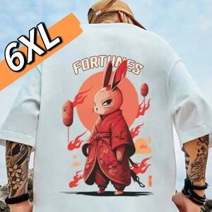 ◆【大人気】メンズ　白　6XL　オーバーサイズ　バックプリント　うさぎ柄　Tシャツ