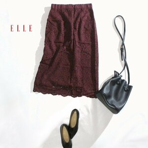 エル ELLE イトキン 上品 ひざ下 ミモレ丈 タイト レーススカート 9号 38 ダークパープル フォーマル 綺麗め 入学式 卒業式 スーツ 綺麗