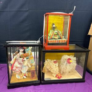 ◆中古 日本人形 3点まとめ売り 道成寺 舞踊人形 コレクション ガラスケース付 置物 飾り 和風 インテリア 昭和レトロ 135-94