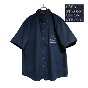 HARRITON 半袖ワークシャツ size L ネイビー ゆうパケットポスト可 胸 プリント CWA STRONG 古着 洗濯 プレス済 h82