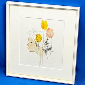 いわさきちひろ チューリップのある少女像 色紙 額付き 複製画 アンティーク 水彩画 絵本作家 ◇GJ-0076