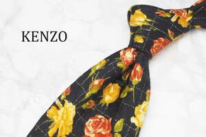 【美品】KENZO ケンゾー A-180 黒 薔薇 イタリア製 ブランド ネクタイ 良品 古着 卸 USED オールド SILK