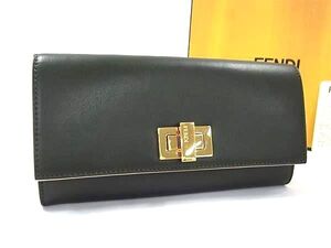 1円 ■美品■ FENDI フェンディ ピーカブー レザー ターンロック 二つ折り 長財布 ウォレット 小銭入れ 札入れ チャコールグレー系 FH4826